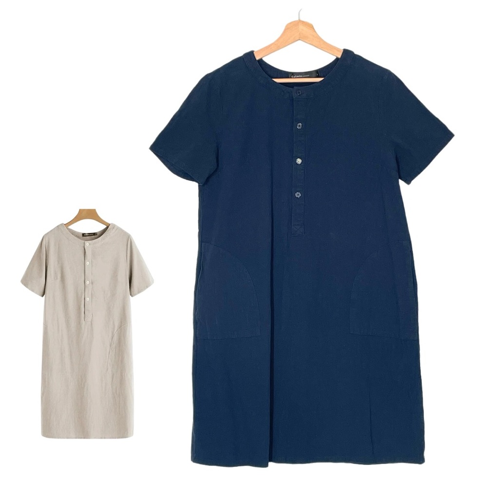 Celmia All-match Round Neck Short Sleeve Shirt Dress with Pocket Navy Blue Large